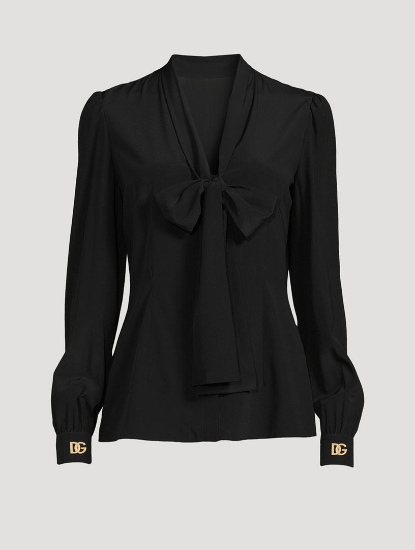 Dolce Gabbana Crepe De Chine Pussy Bow Blouse With Crystal Logos