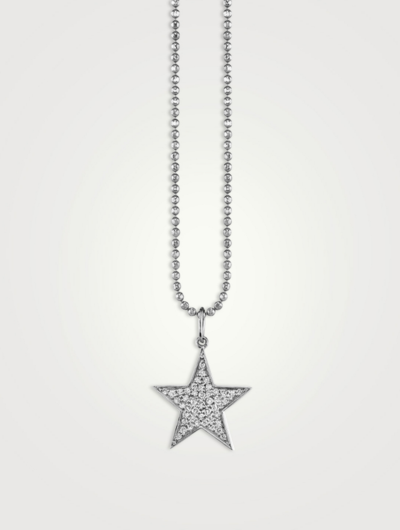 14K White Gold Medium Star Pendant Necklace With Diamonds