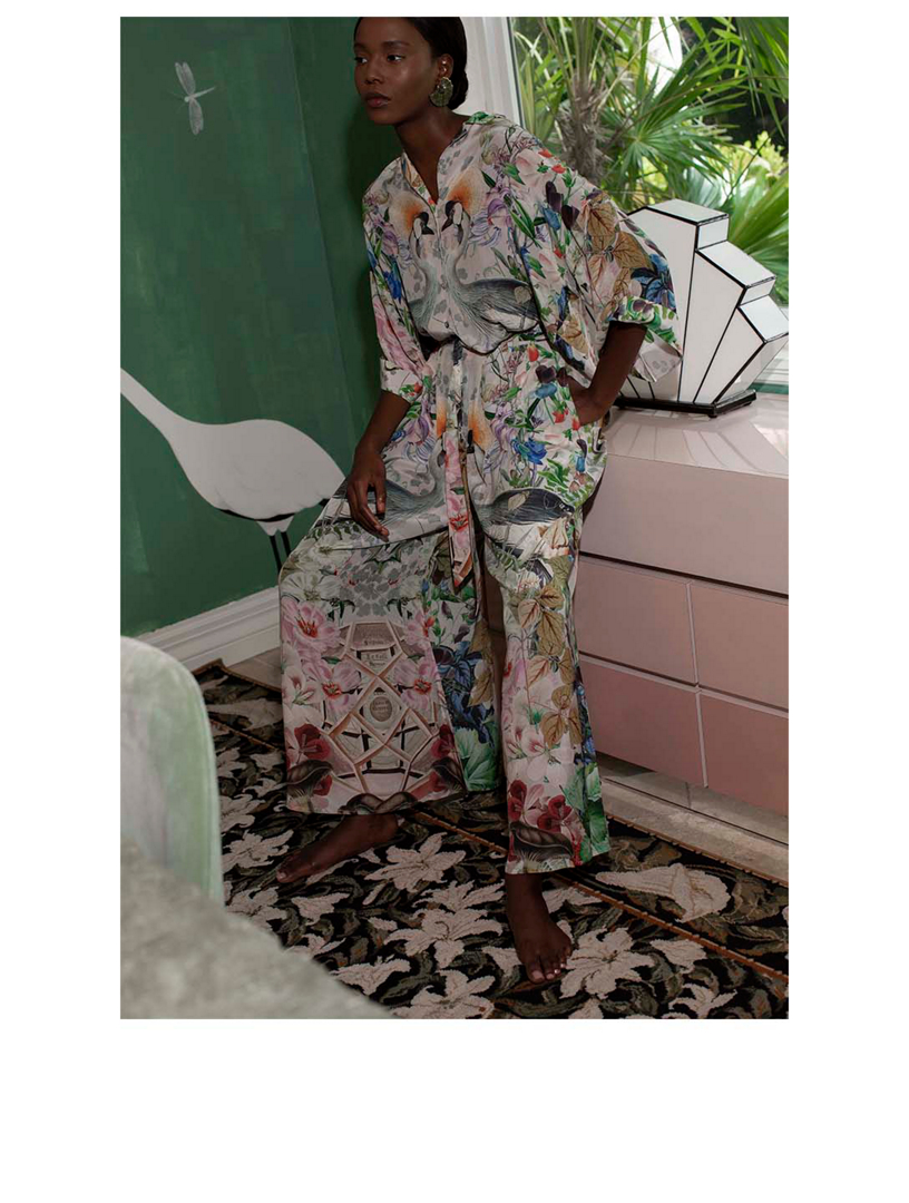 Belted High-Waisted Palazzo Pants Crowned Cranes Print