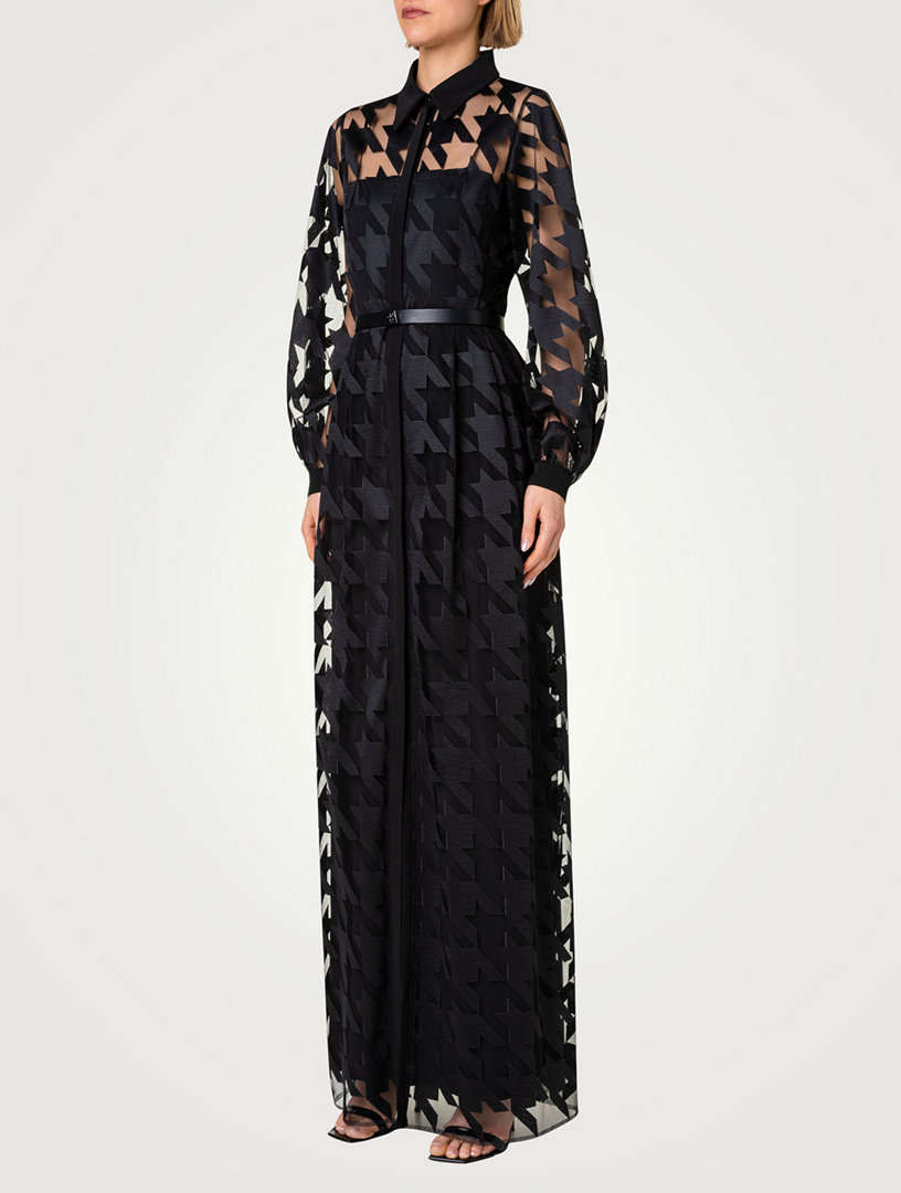 Belted Houndstooth-Embroidered Tulle Gown