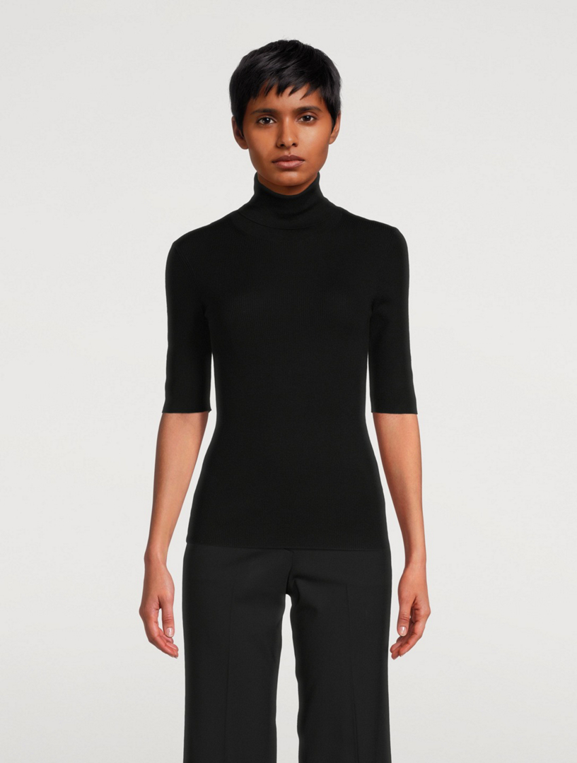 Leenda Short-Sleeve Wool Turtleneck Sweater