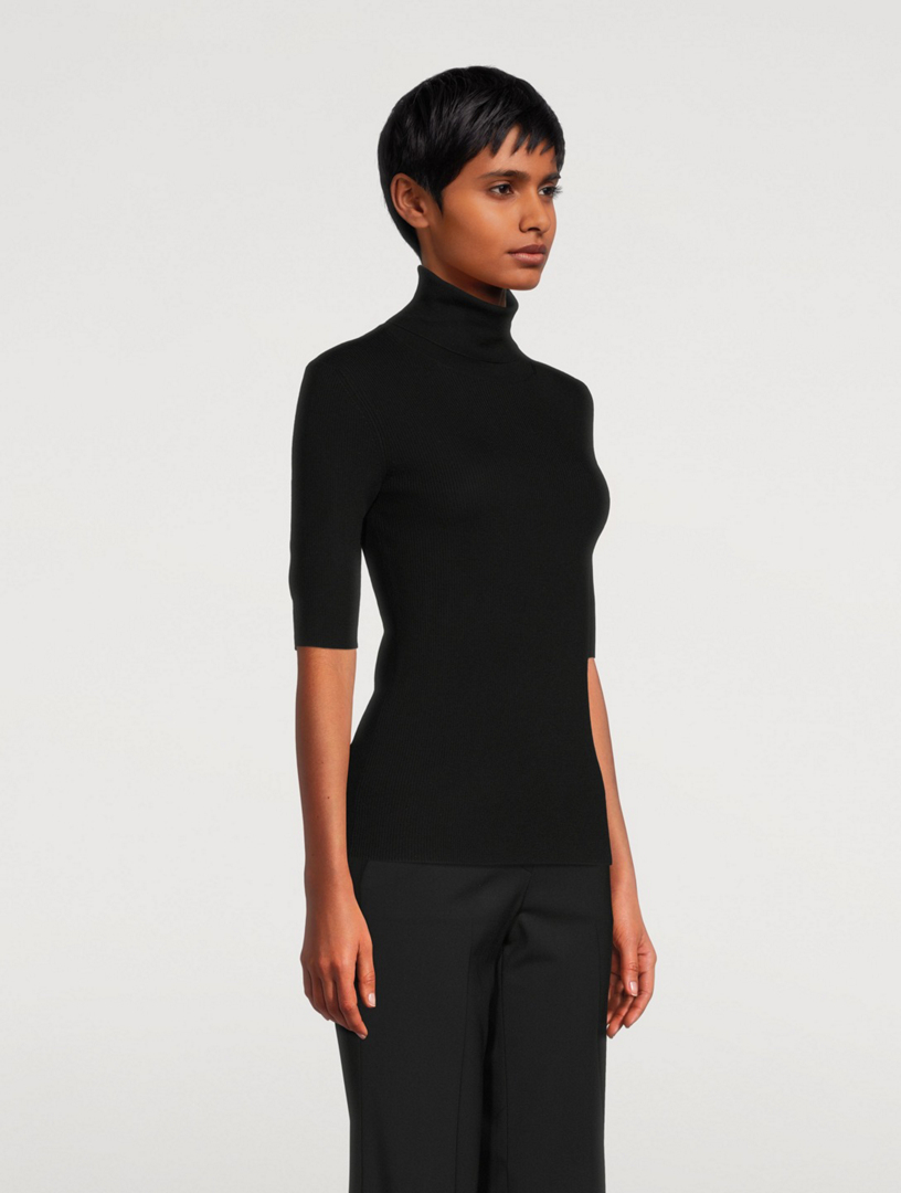 WOLFORD MERINO FINE RIB TOP LONG SLEEV, Black Women's Turtleneck