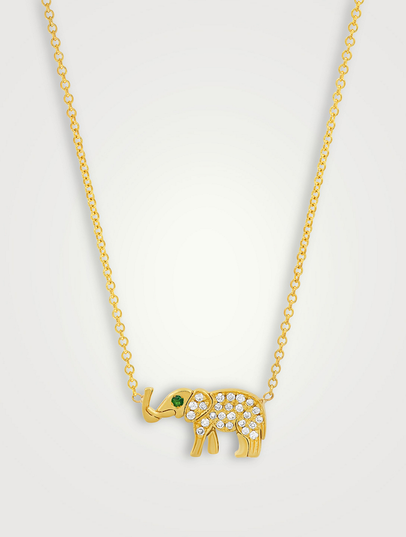 Mini 18K Gold Elephant Necklace With Diamonds And Emerald