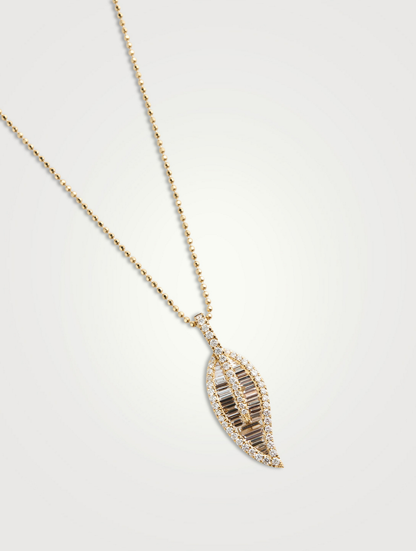 Large 18K Gold Leaf Necklace With Diamonds