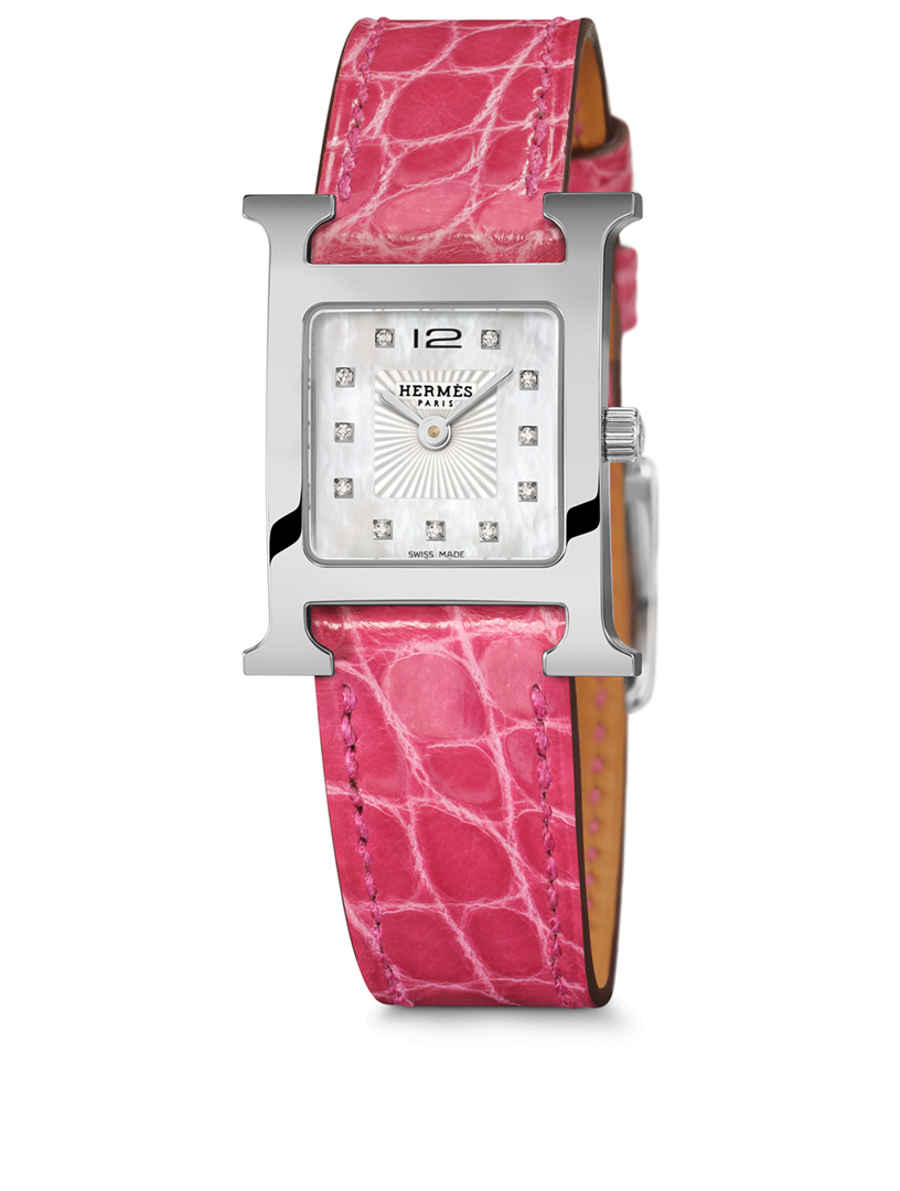 HERMES Small Heure H Stainless Steel Alligator Strap Watch With Diamonds Holt Renfrew