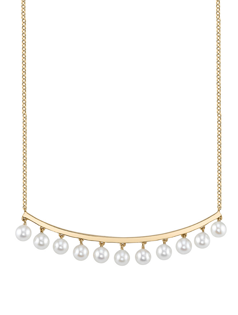 14K Gold Drop Bar Necklace With Pearls
