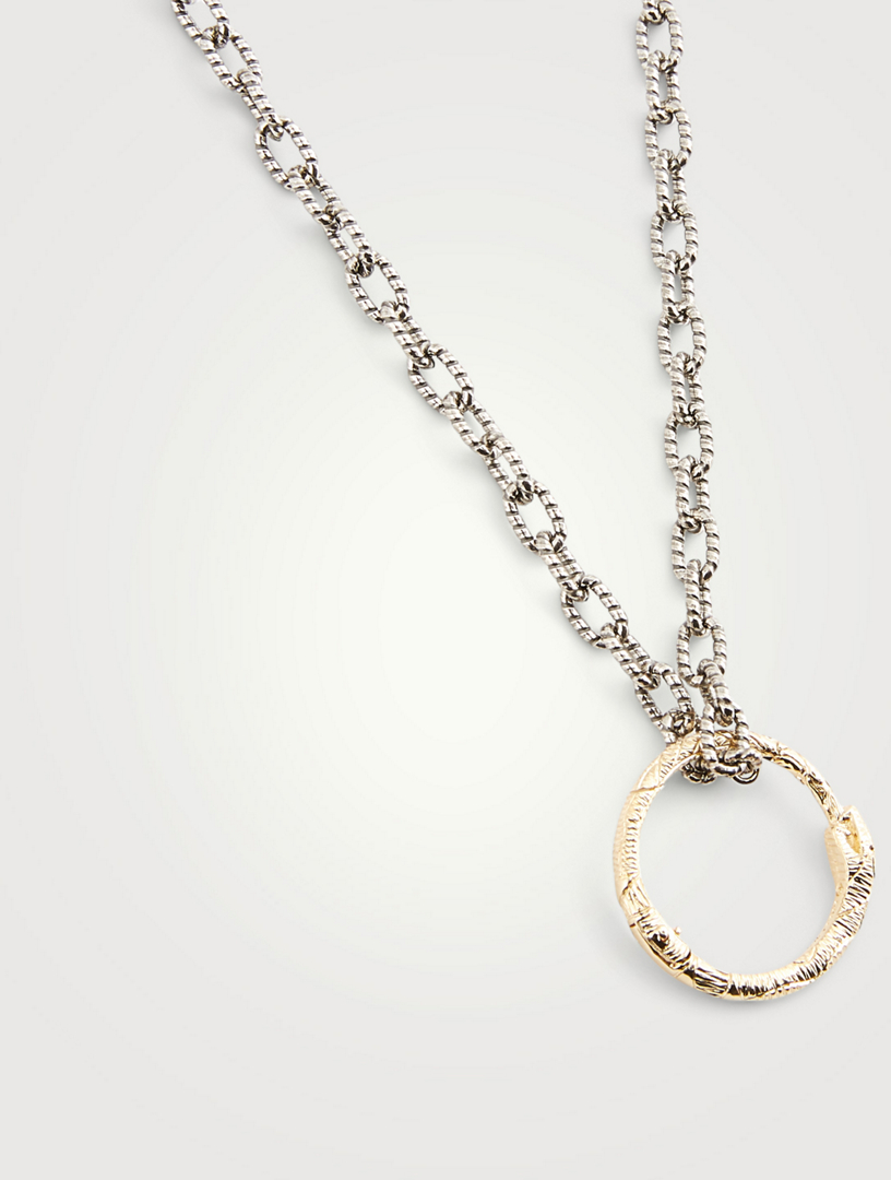 18k Yellow Gold Snake Ring Pendant Necklace With Silver Chain