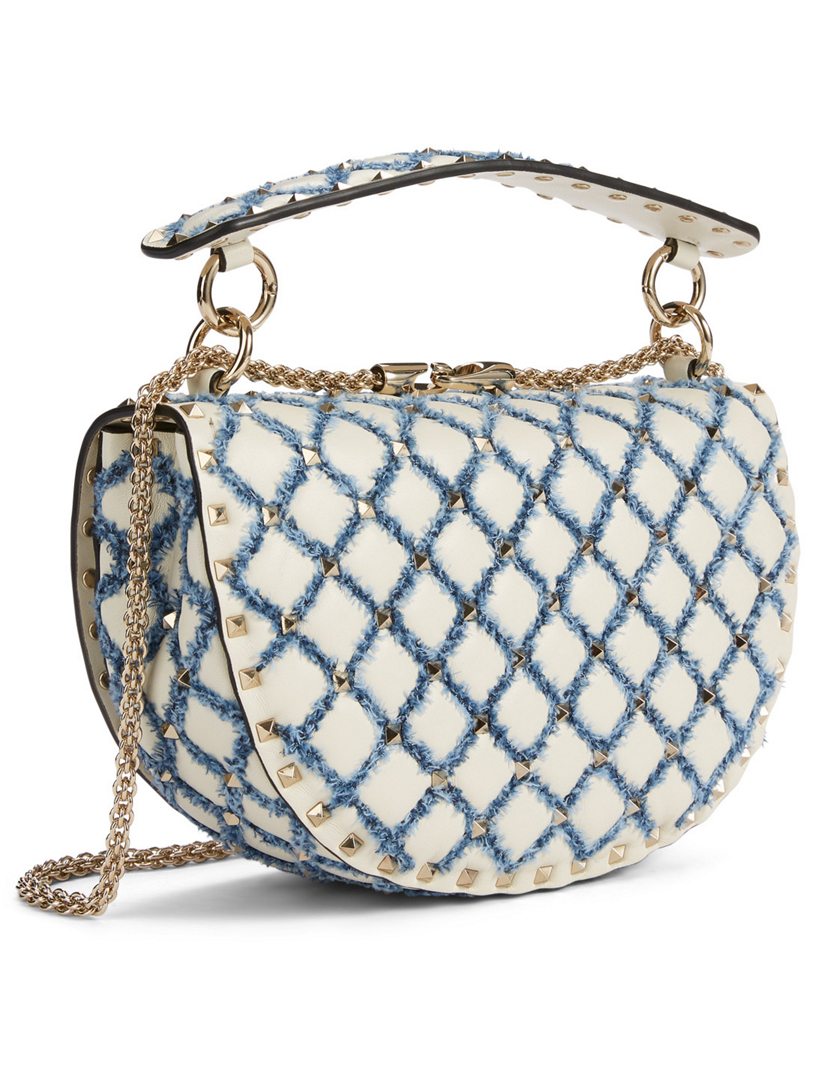 Rockstud Spike Leather And Denim Saddle Bag