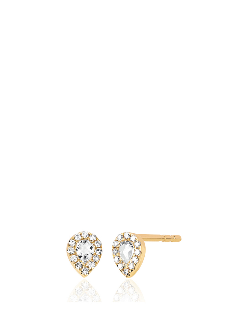 14K Gold Teardrop Stud Earrings With White Topaz And Diamonds