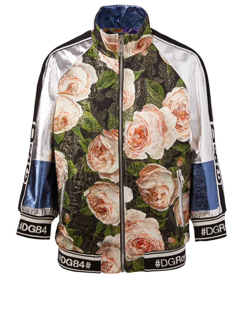 Metallic Leather Floral Bomber Jacket