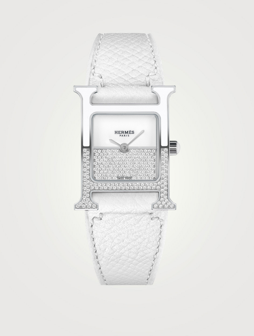 HERMÈS Heure H PM Leather Strap Watch With Diamonds, 21 x