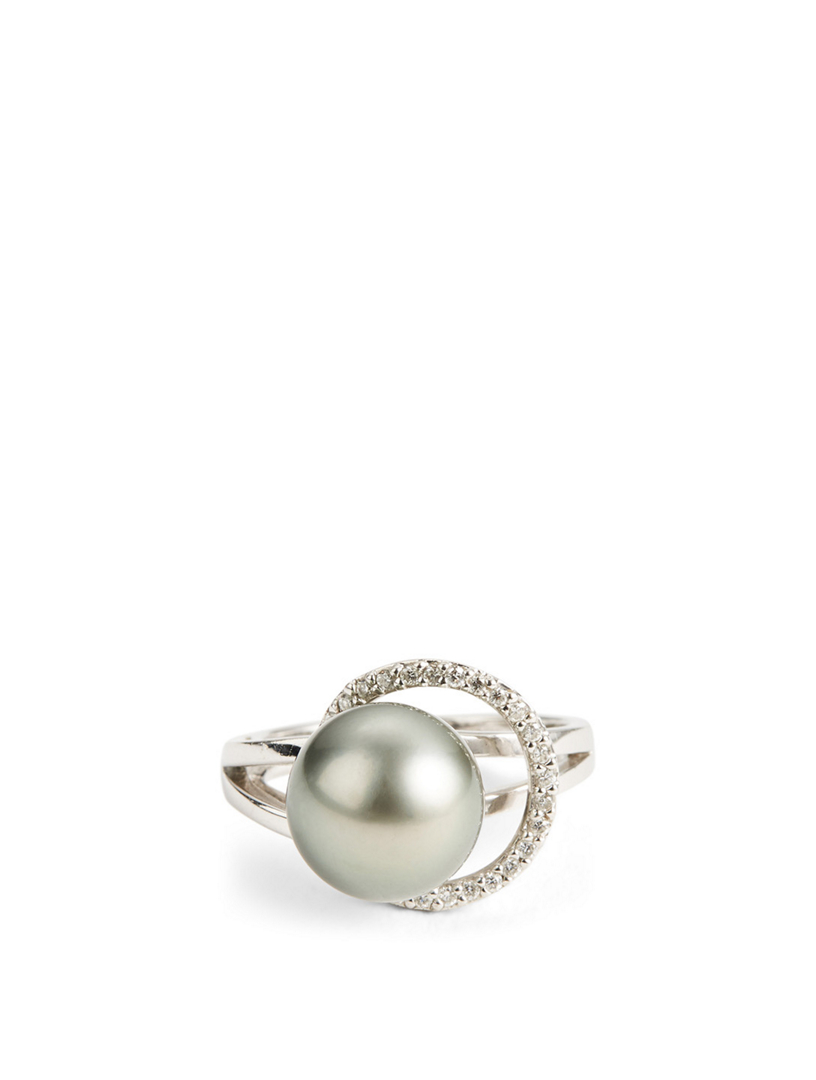 18K White Gold Pearl Ring With Diamonds