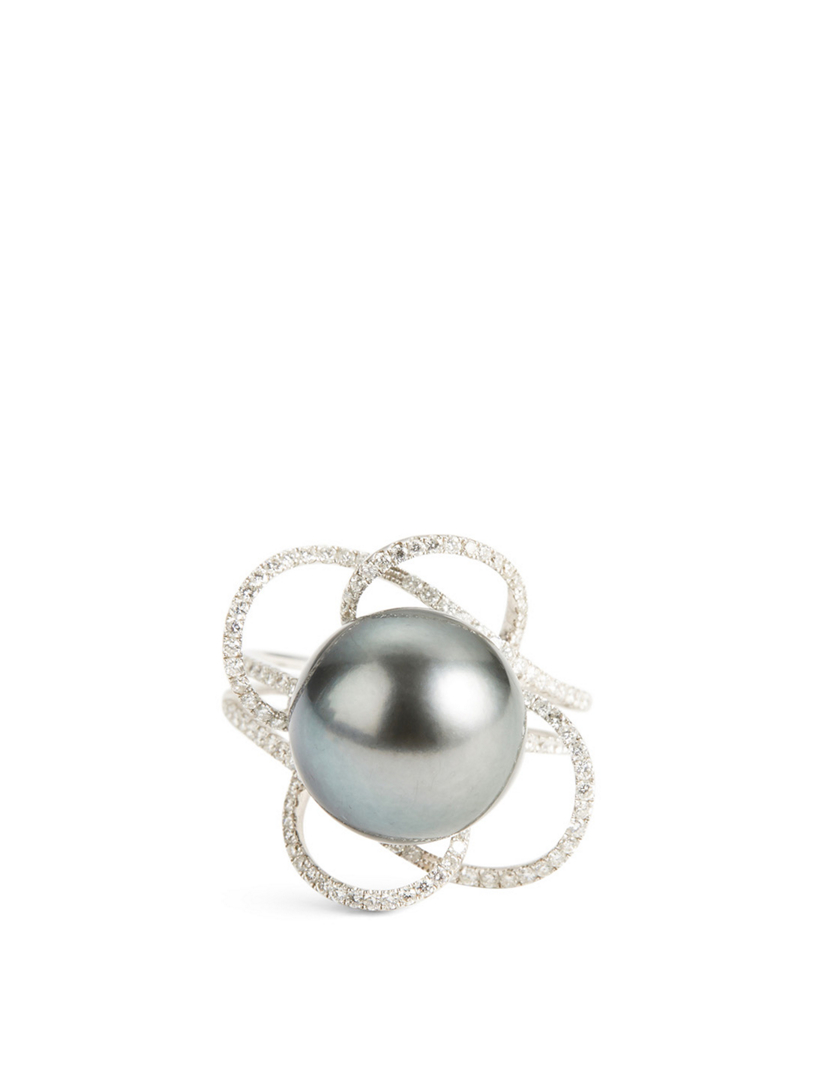 18K White Gold Black Pearl And Diamond Ring