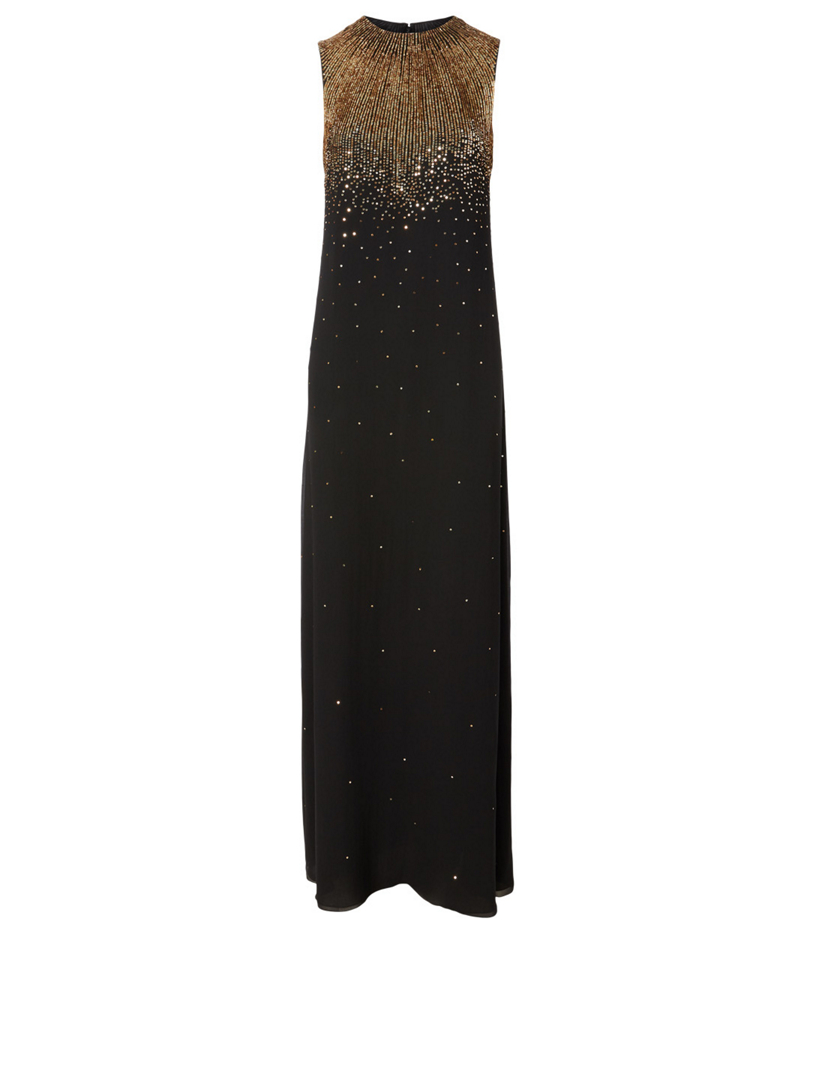 Silk Sequin Embroidered Evening Dress