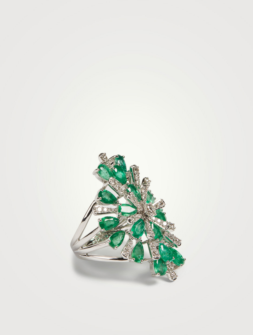 Botanica 18K White Gold Ring With Diamonds And Emerald