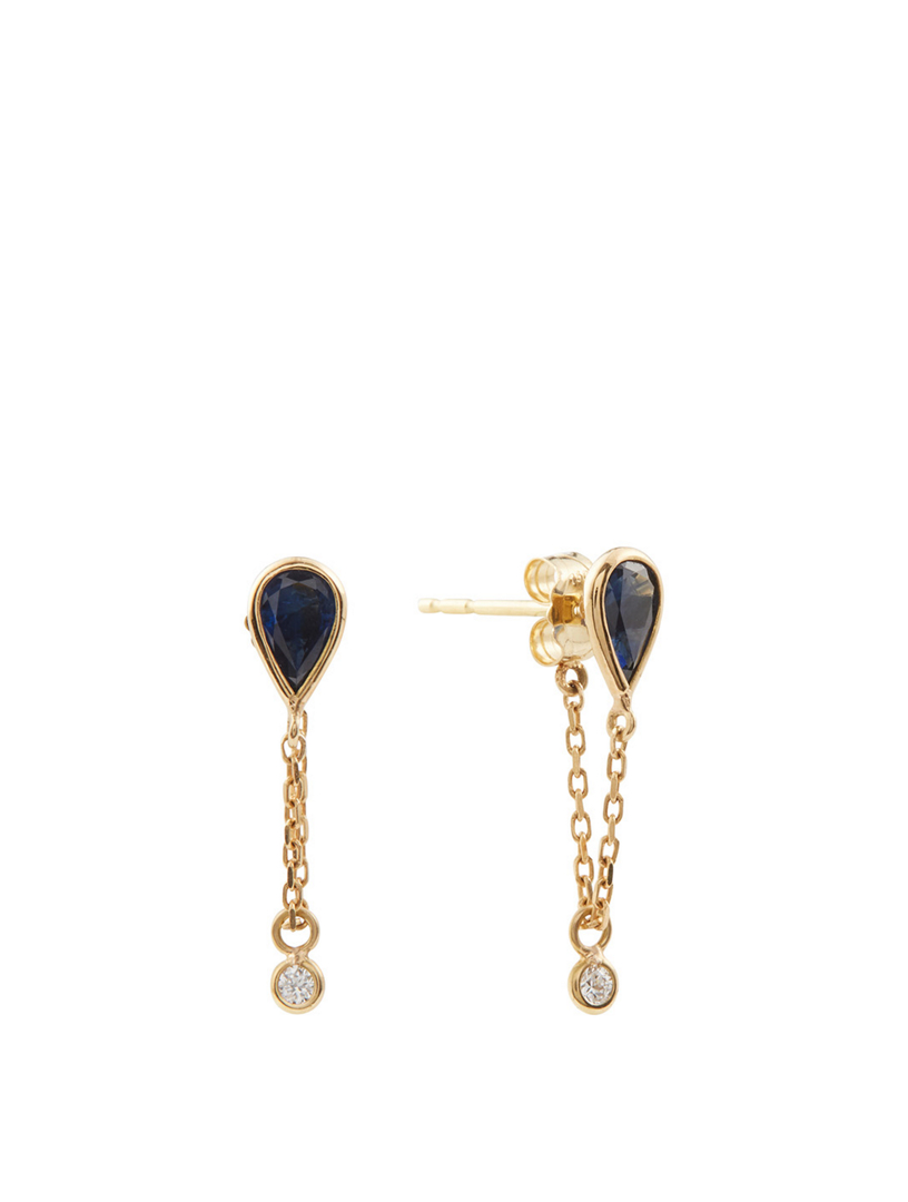 18K Gold Drop Chain Earrings With Sapphire And Diamonds