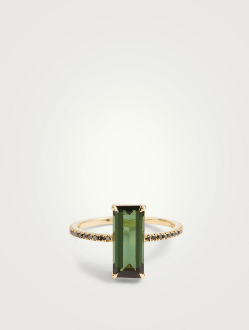 18K Gold Ring With Tourmaline And Black Diamonds