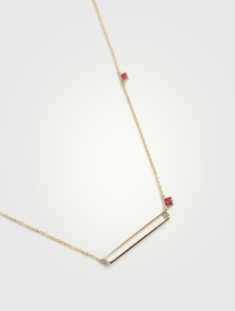 18K Gold Bar Necklace With Aquamarine And Ruby