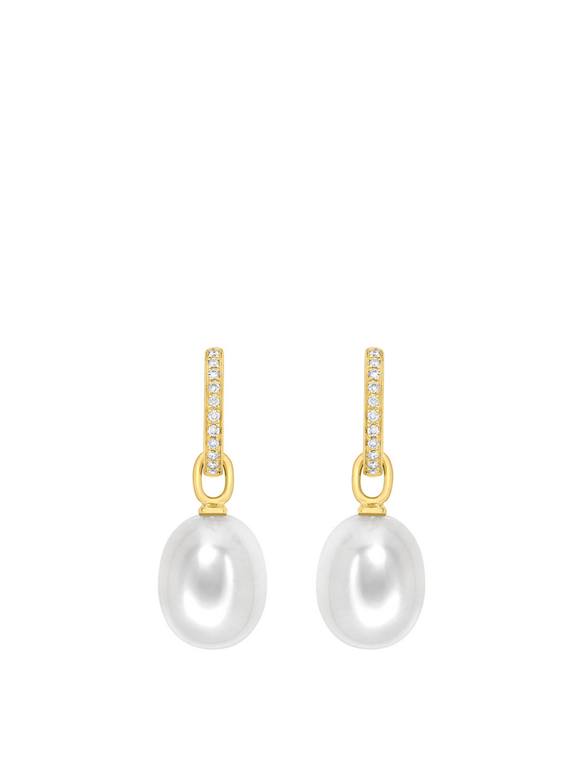 18K Gold Pearl Drop Earrings With Diamonds