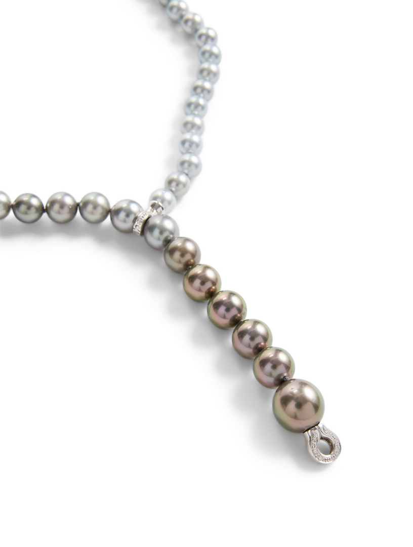 18K White Gold Tahitian South Sea Pearl Lariat Necklace With Diamonds