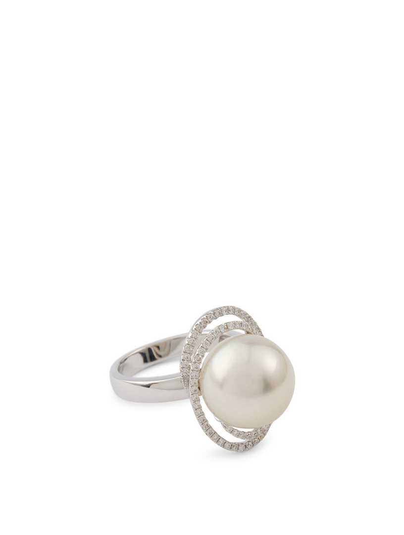 18K White Gold Australian South Sea Pearl Ring With Diamonds