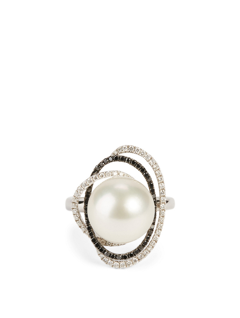 18K White Gold Australian South Sea Pearl Ring With Diamonds