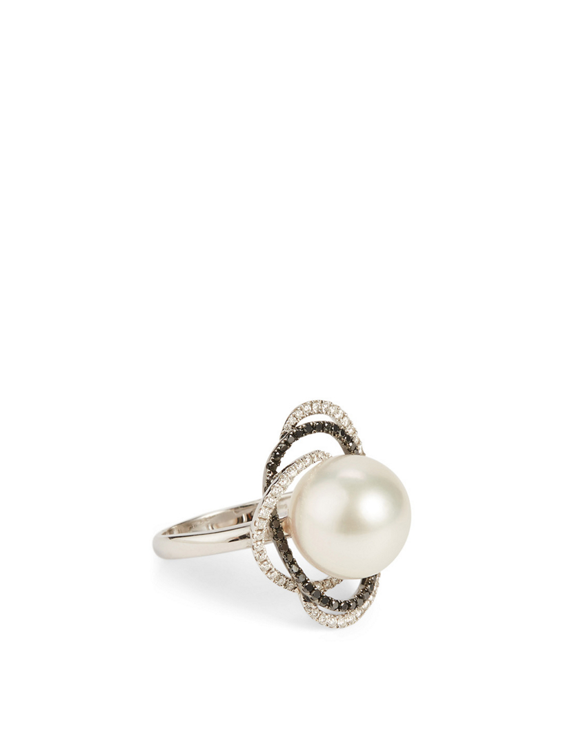 18K White Gold Australian South Sea Pearl Ring With Diamonds