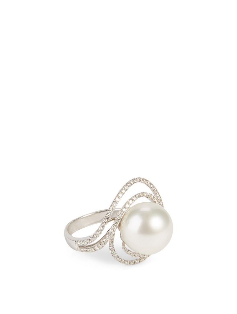 18K White Gold Australian South Sea Pearl Ring With Diamonds