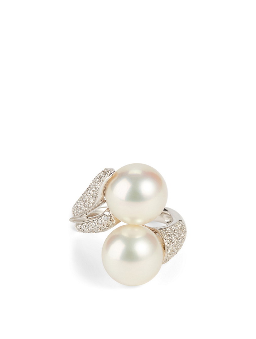 18K White Gold Australian South Sea Pearl Ring With Diamonds