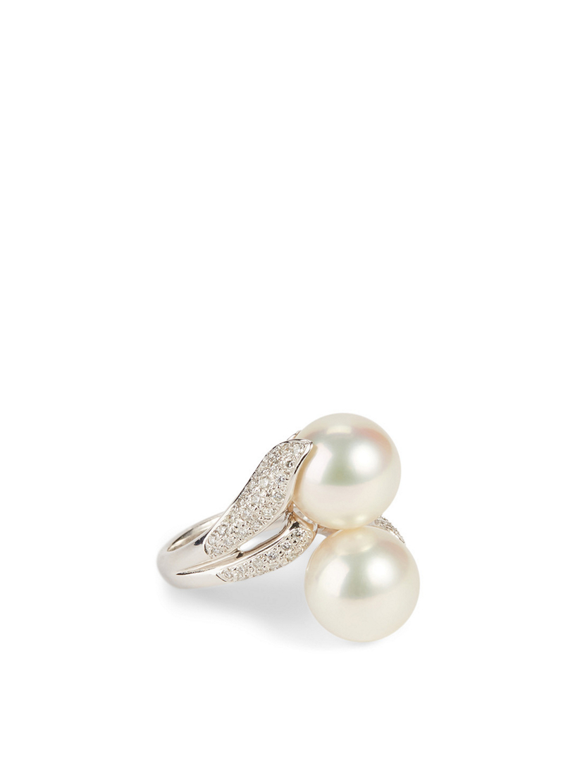 18K White Gold Australian South Sea Pearl Ring With Diamonds