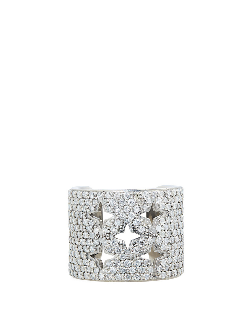 Silver Star Cuff Ring With Diamonds