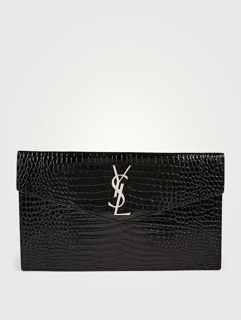 SAINT LAURENT Calfskin Crocodile Embossed Medium Monogram Envelope