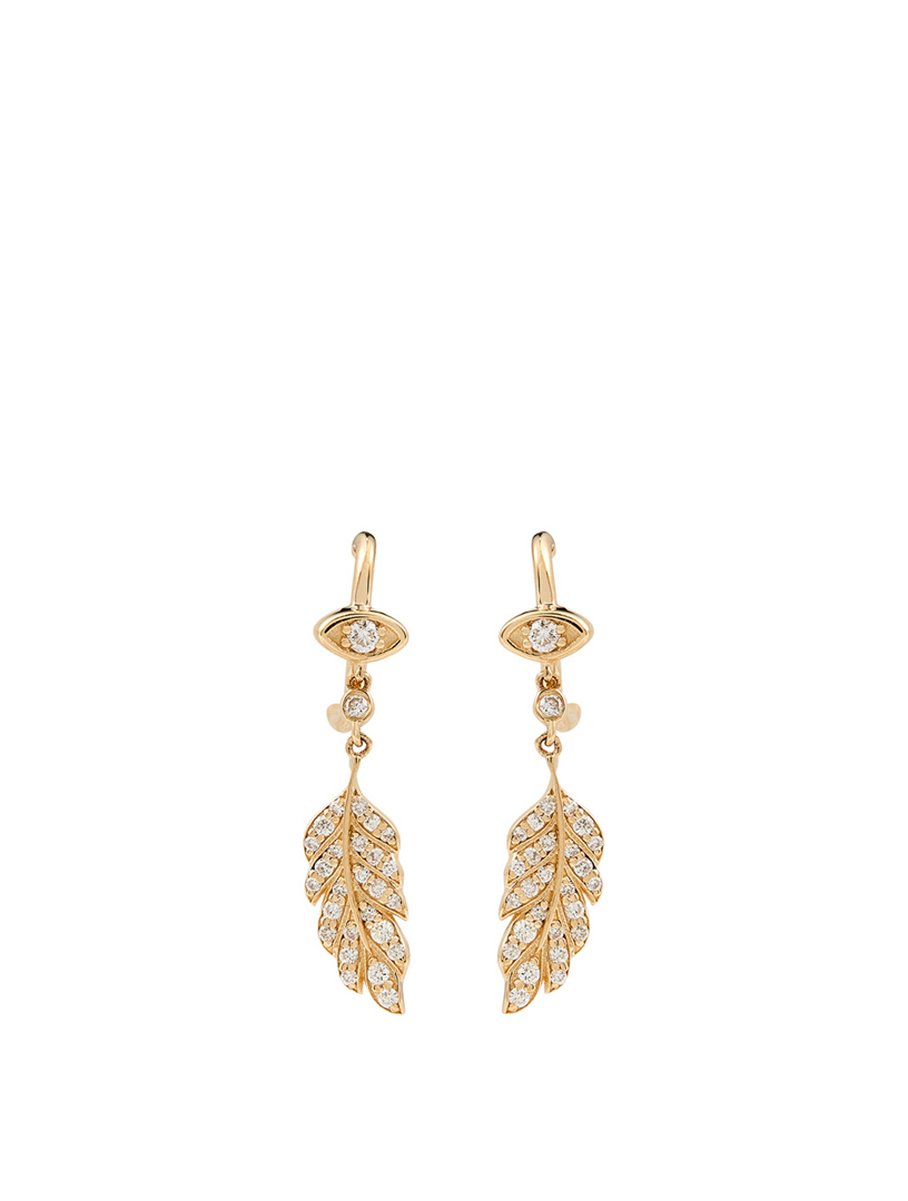 14K Gold Evil Eye Feather Earrings With Diamonds
