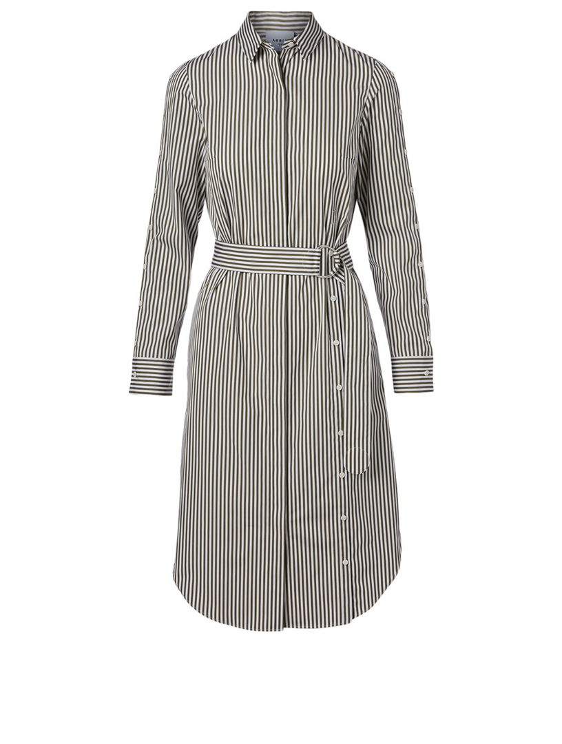 akris punto striped shirt dress AKRIS PUNTO Cotton Belted Shirt Dress In Striped Print