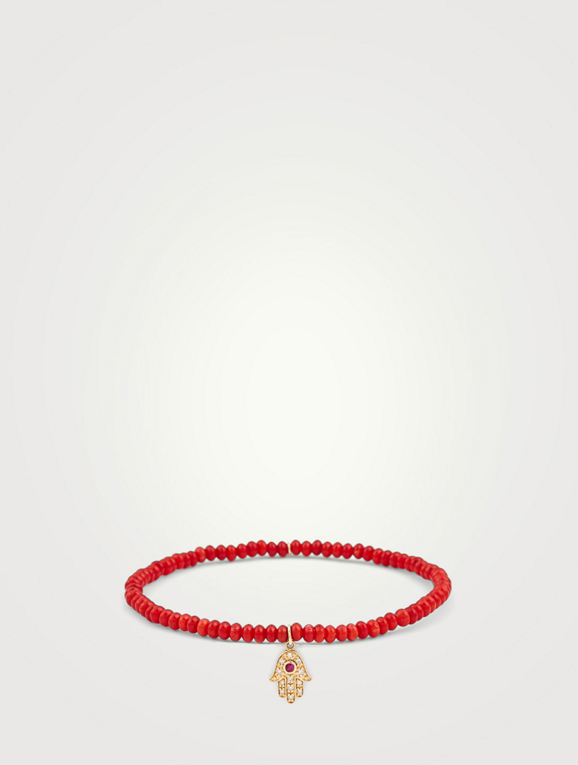 Beaded Bracelet With 14K Gold Diamond And Ruby Hamsa Charm