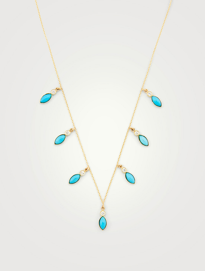 18K Gold Marquise Dangle Necklace With Diamonds and Turquoise