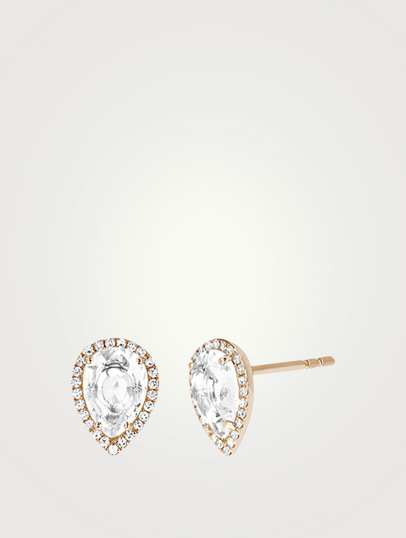 14K Gold Teardrop Stud Earrings With White Topaz Diamonds