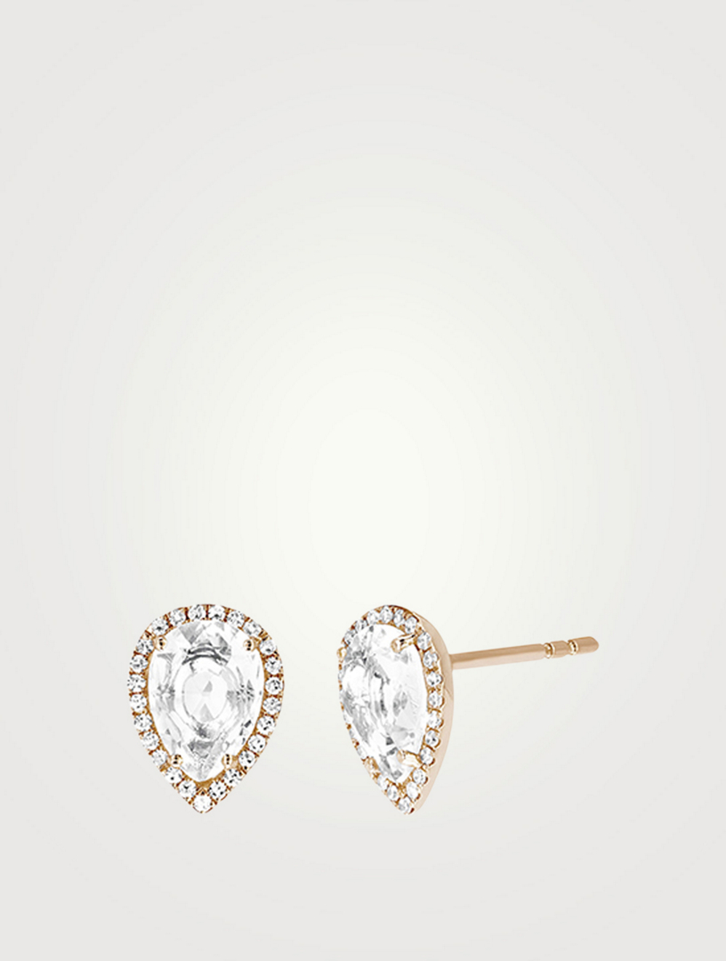 14K Gold Teardrop Stud Earrings With White Topaz Diamonds