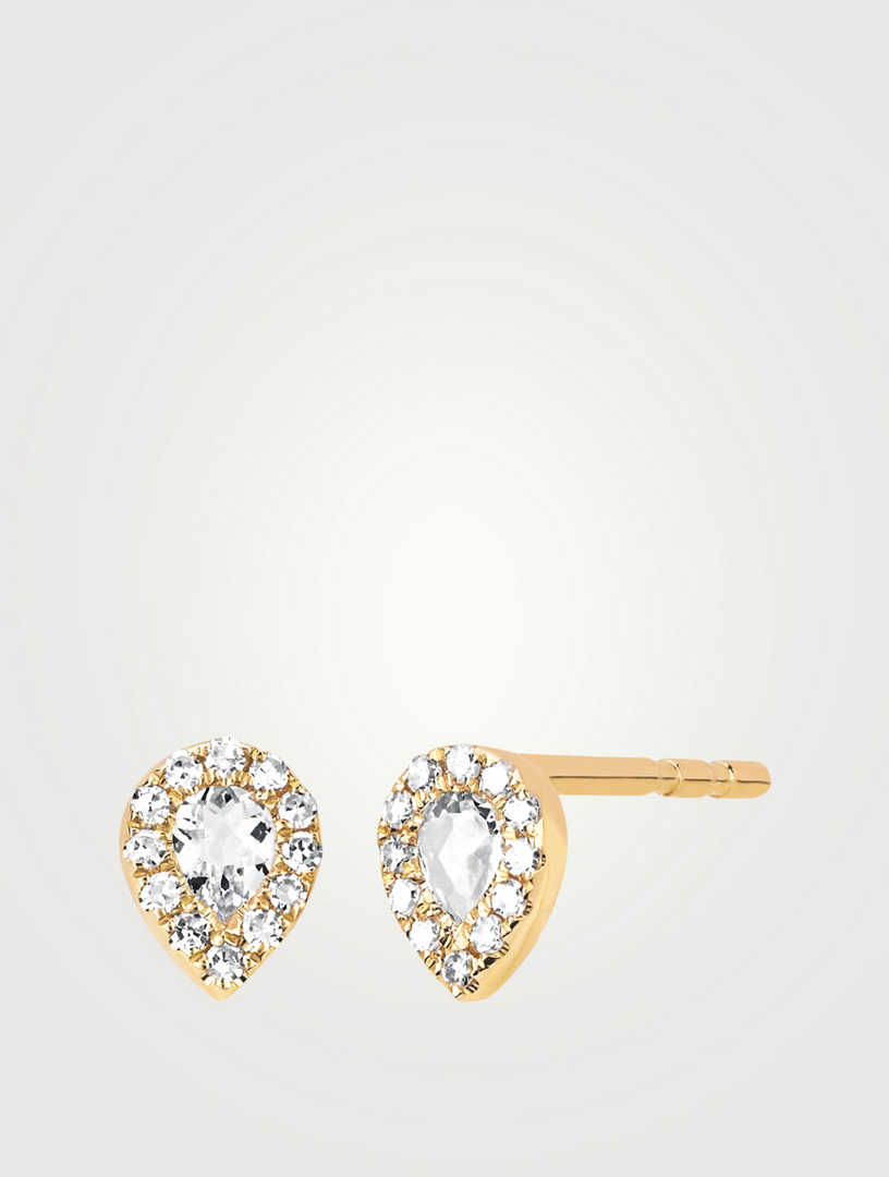 14K Gold Teardrop Stud Earrings With White Topaz Diamonds