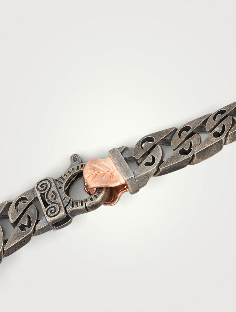 Flaming Tongue Logo Silver Link Bracelet With Black Diamonds