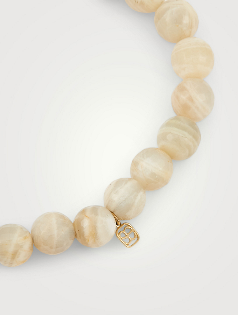 Moonstone Beaded Bracelet With 14K Gold Diamond Hamsa Charm