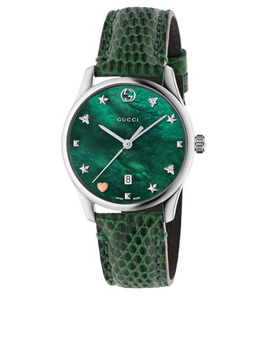 GUCCI G Timeless Leather Strap Watch With Mother Of Pearl Holt Renfrew