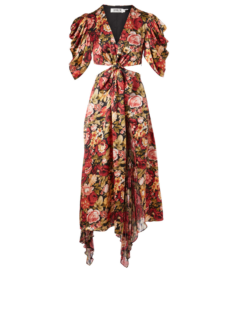 AMUR Aspen Silk Ruched Sleeve Midi Dress In Floral Print | Holt Renfrew