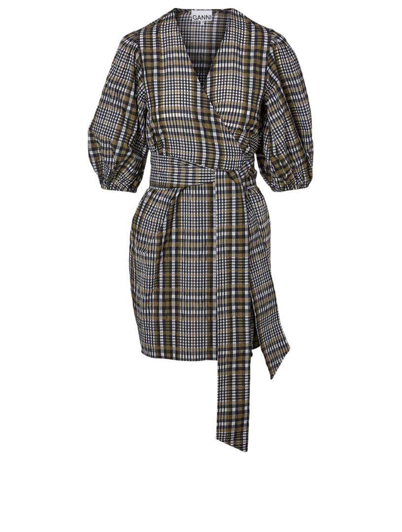 GANNI Seersucker Wrap Mini Dress In Check Print Holt Renfrew