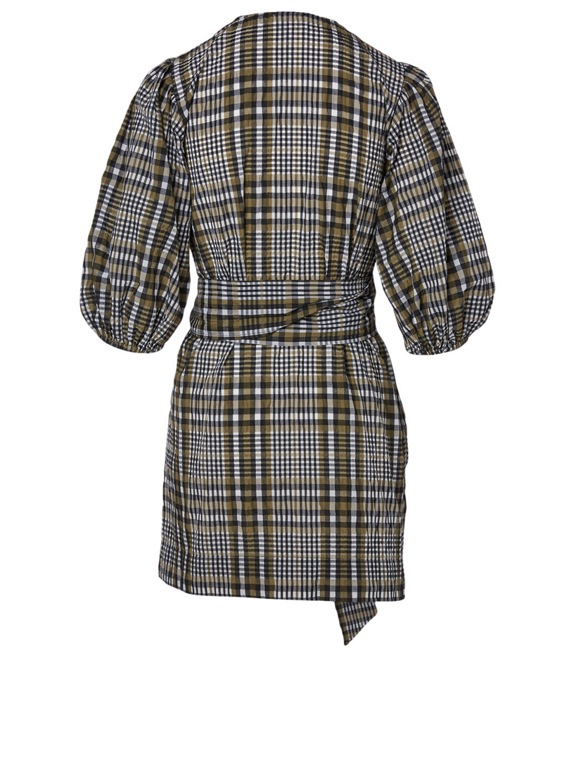 green ruched mini dress Ganni Seersucker Blue Check Cotton-Blend Shirred Midi Dress