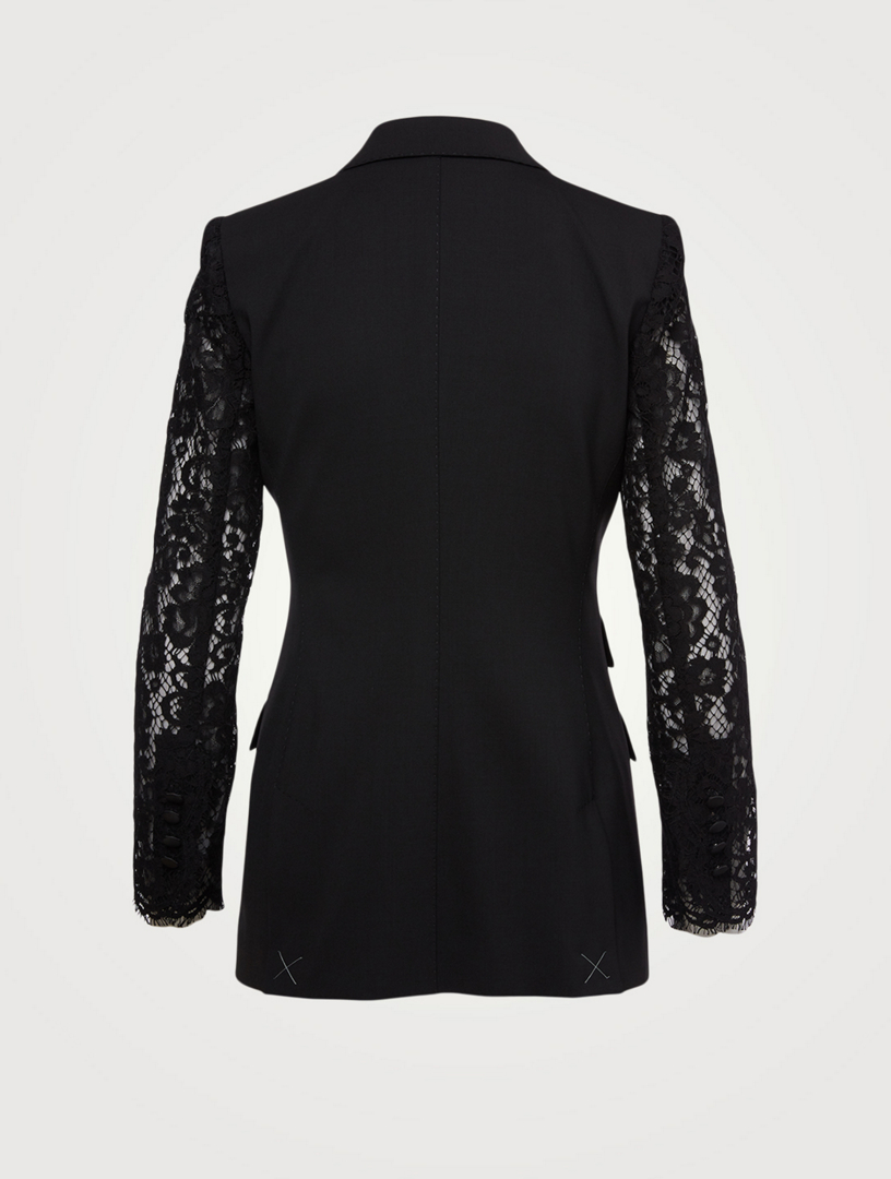 Wool Double-Breasted Blazer With Lace Sleeve
