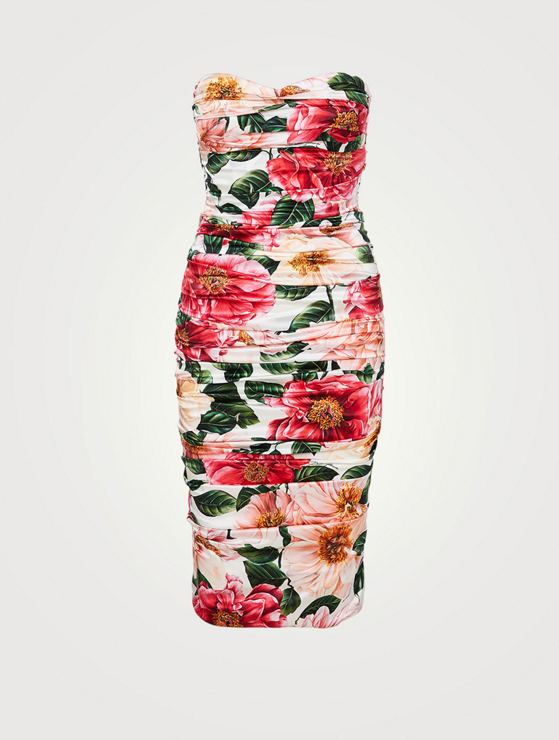 Silk Stretch Strapless Midi Dress In Floral Print