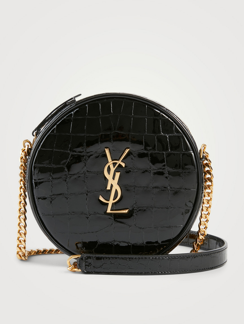 YSL Vinyle Round Camera Bag, crocodile embossed in black