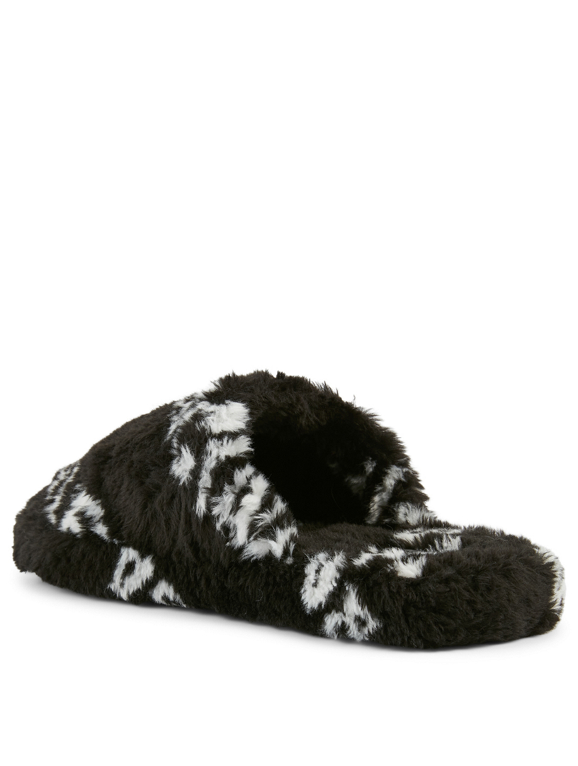BALENCIAGA Faux Fur Flat Mules In Allover Logo Print Holt