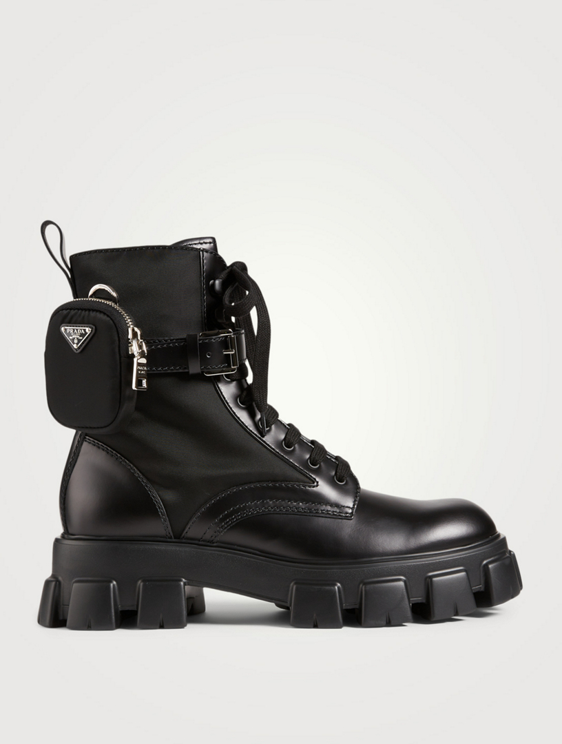 PRADA Leather And Nylon Platform Combat Boots With Pouches Holt